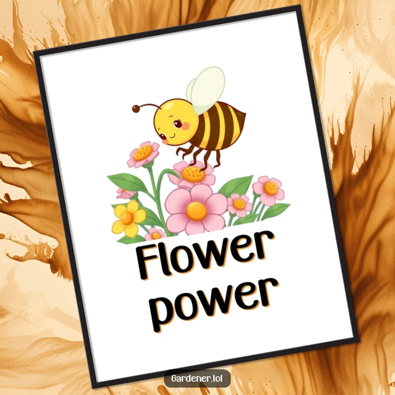 Funny poster capturing a busy bee character energetically pollinating a flower, creating a vibrant and humorous piece of garden art.