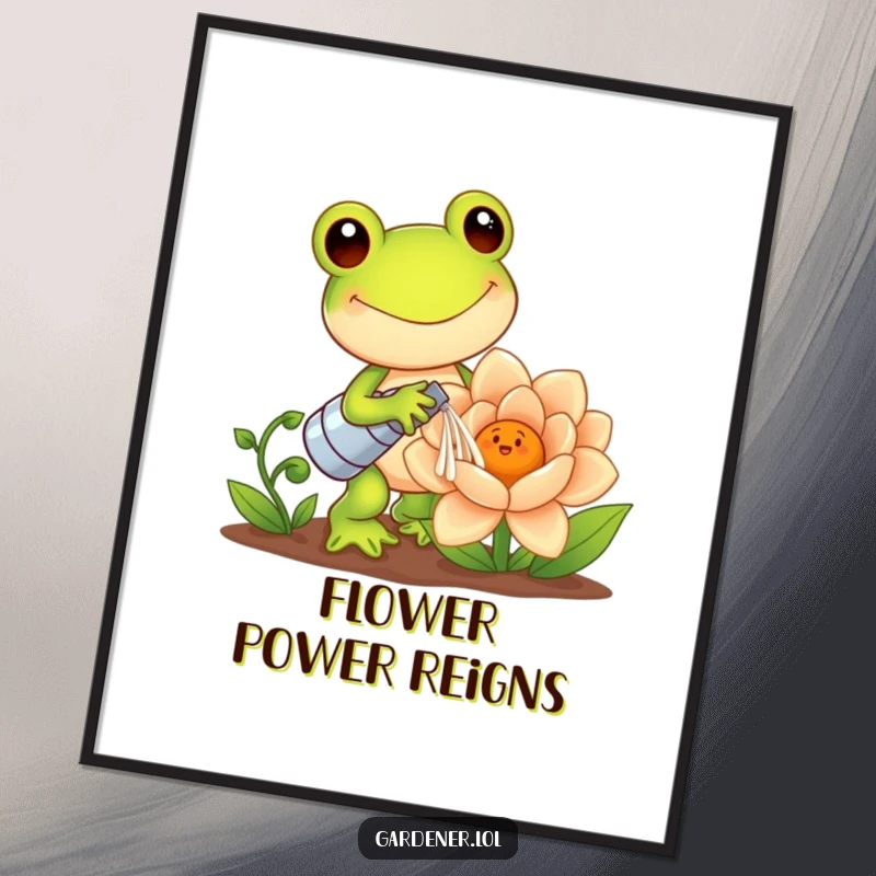 Funny Kawaii Frog Poster: Happy frog gardener waters a giant smiling flower, a humorous and cute artwork for decorating rooms, perfect as a funny gift.