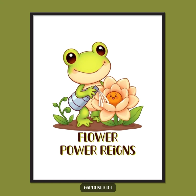 Funny Kawaii Art Poster: Frog Gardener Watering Flower - Humorous Decor
