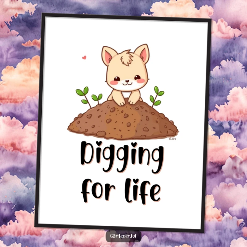 Funny poster of an animal character playfully digging in a giant pile of soil, bringing industrious humor to any room.