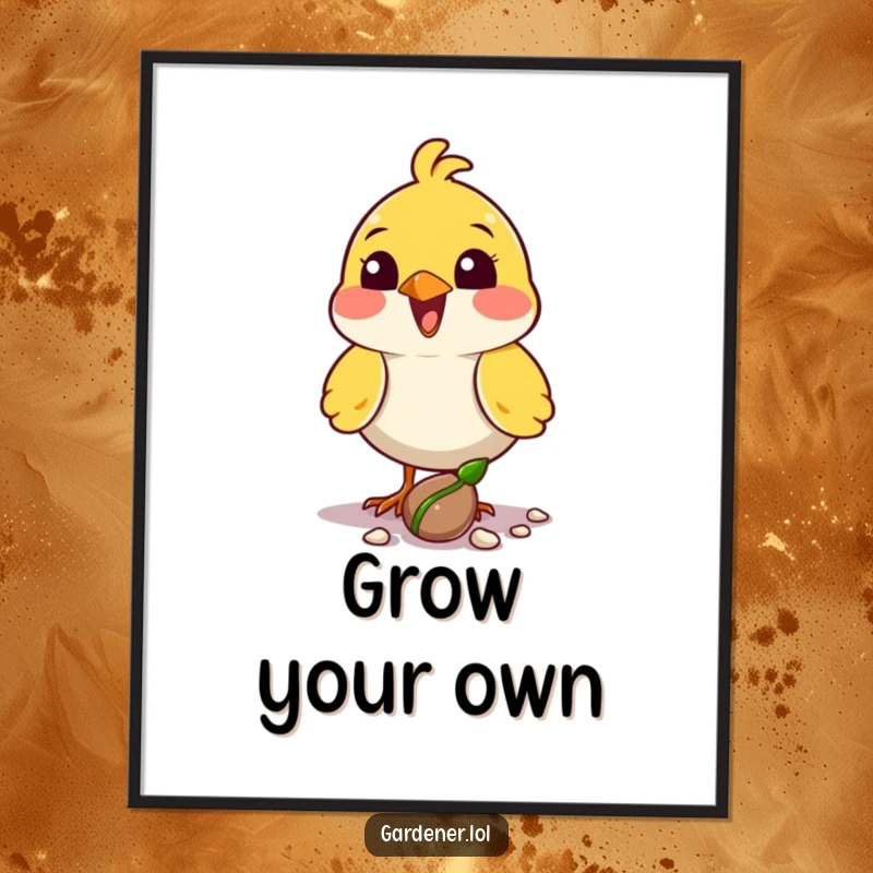 Funny bird planter poster depicting a delighted character planting a seed with its beak, ideal for hopeful wall decor.