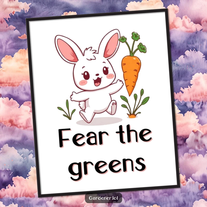 Funny Kawaii Bunny Poster: Surprised bunny gardener hops from a rogue hopping carrot, a humorous and cute artwork for decorating rooms, perfect as a funny gift.