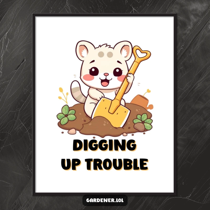 Funny poster art of a kawaii animal character enthusiastically digging soil with a comically large shovel.