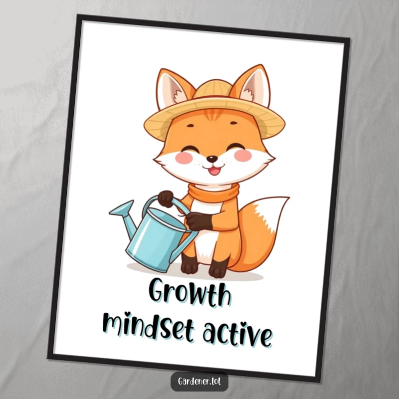 Funny fox in a straw hat holding a watering can, presented as a cute funny poster.