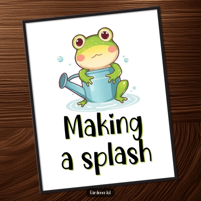Funny frog watering can poster, a playful cartoon frog character splashing joyfully inside a watering can, creating a vibrant, humorous scene.