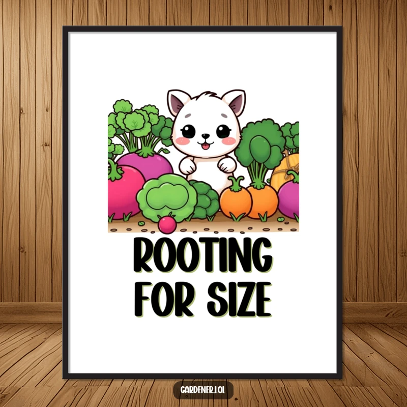 Funny poster art of a happy animal tending to comically large vegetables, bringing a humorous garden theme to decor.