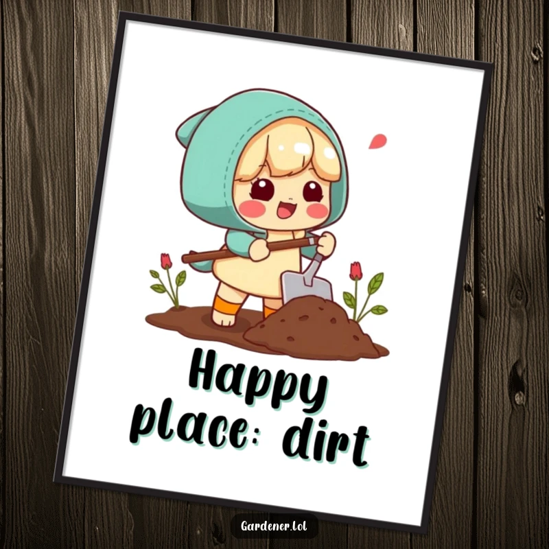 Funny Poster: A character emits a happy sigh while scooping soil with a trowel, capturing the pure joy of gardening.