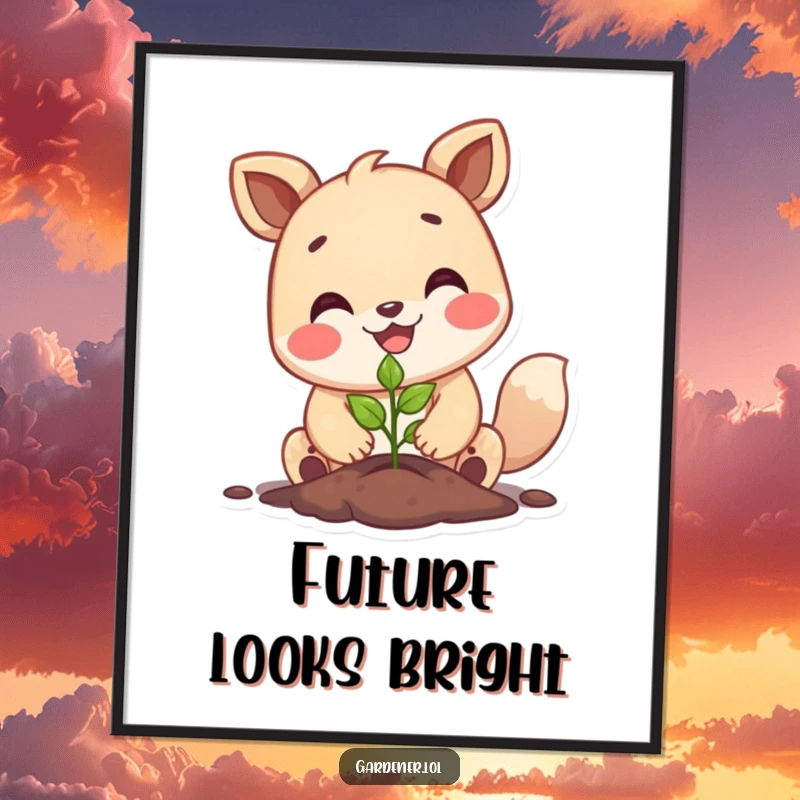 Funny happy animal character planting a tiny seedling with a big smile, whimsical gardening poster, cheerful wall decor.