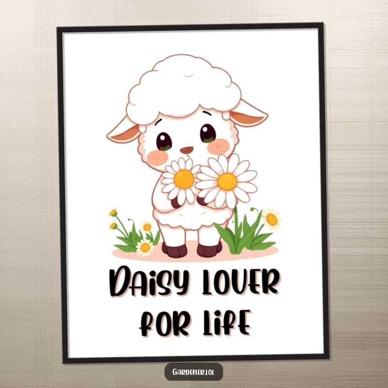 Funny Kawaii sheep gardener poster art, a cheerful character smelling a very large daisy, decorative and humorous.