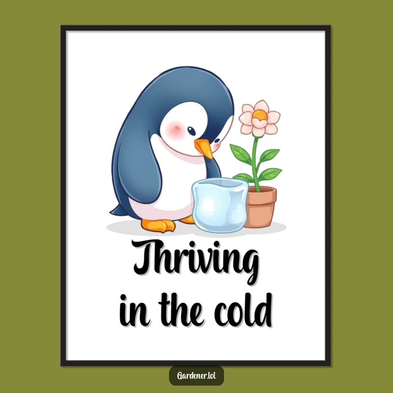 Funny Penguin Ice Flower Poster, Whimsical Winter Wall Art