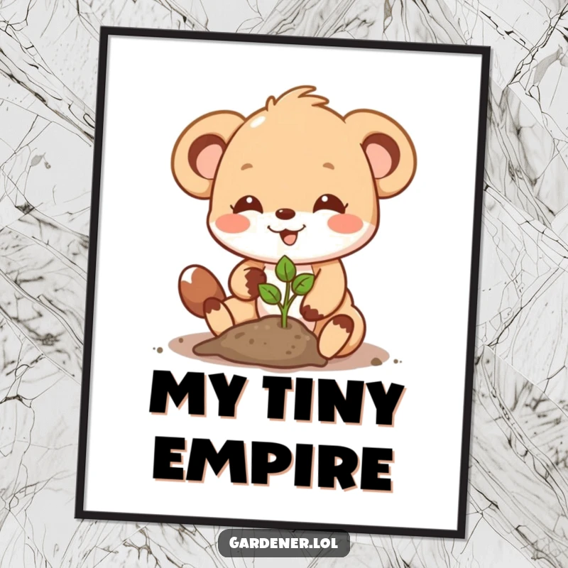 Funny Poster: A cute animal character with a determined smile plants a tiny seedling, celebrating nature's gentle growth.