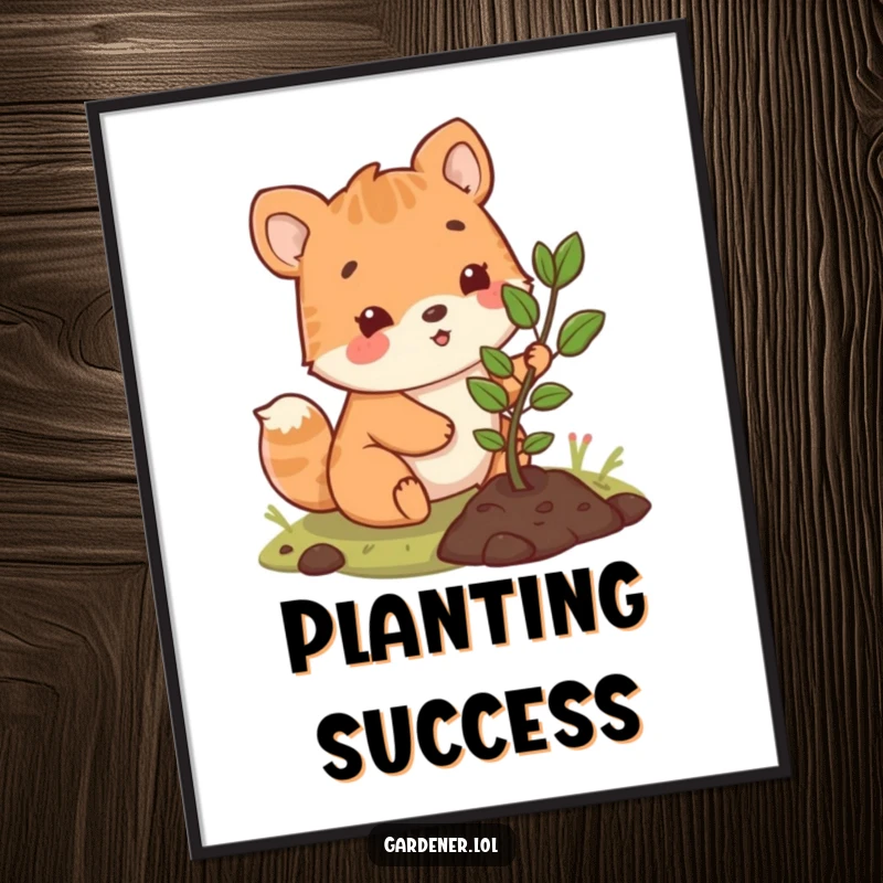 Funny poster art of a cute animal character happily planting a small sapling, bringing joy and nature themes indoors.