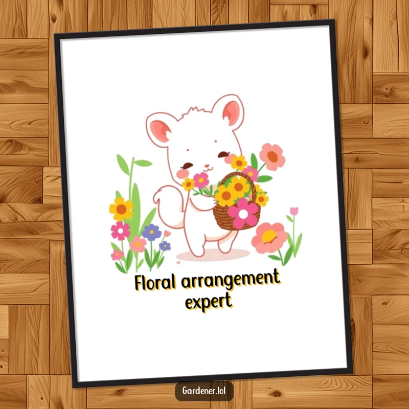 Funny poster of a cute animal character happily collecting vibrant flowers in a basket, embodying a joyful and cheerful nature scene.