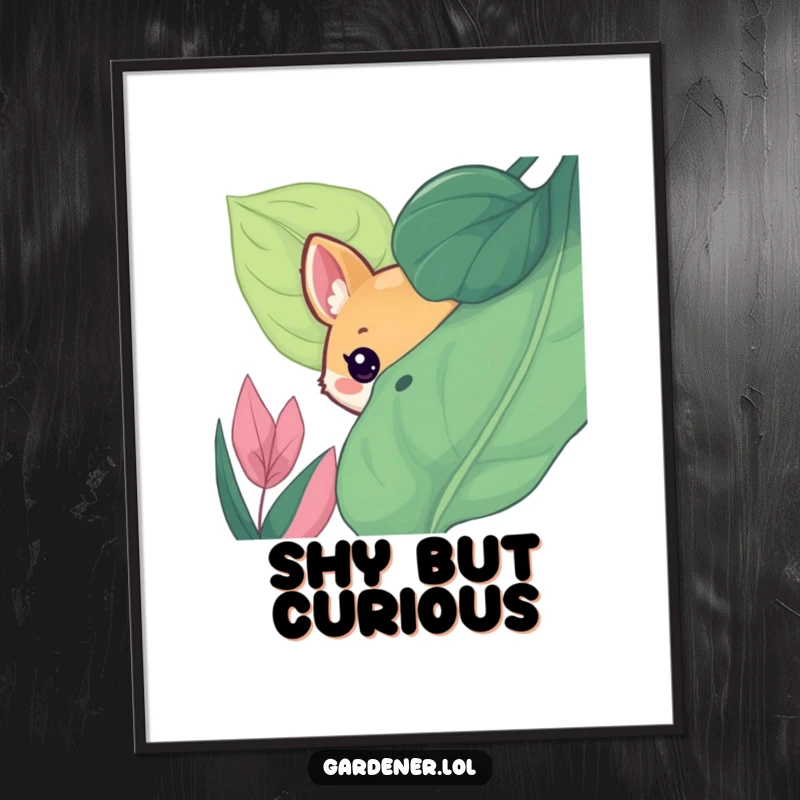 Funny poster of a cute animal character playfully peeking from behind a large, lush leaf, embodying a sense of adorable curiosity and fun.