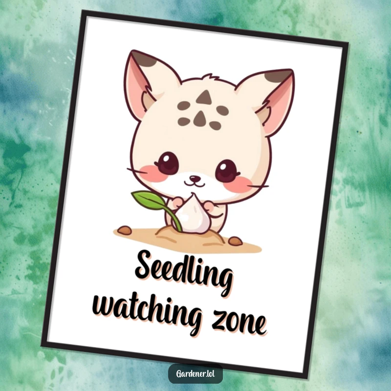 Funny poster art of a cute animal character peeking curiously at a sprouting seed, bringing whimsy and nature themes indoors.