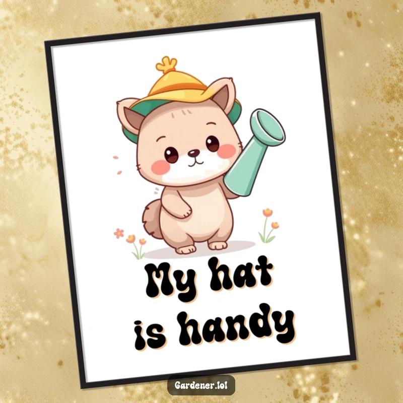 Funny poster depicting a cute animal character adorably wearing a watering can as a hat, bringing a whimsical and humorous vibe.