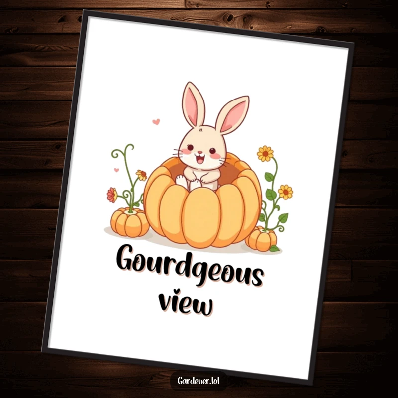 Funny Poster: A playful rabbit gardener gleefully dives headfirst into a gigantic, round pumpkin.