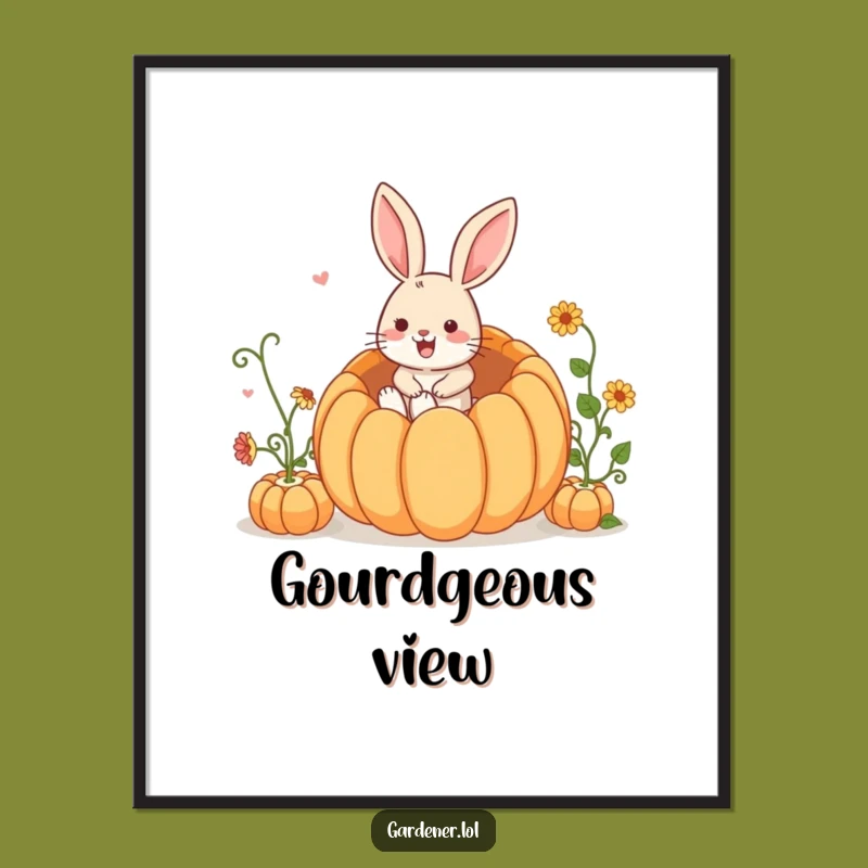 Funny Rabbit Gardener Poster: Gleeful Bunny Hops Into Giant Pumpkin, Whimsical Funny Art!