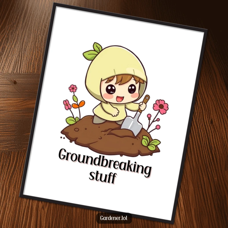 Funny poster art of a character excitedly digging in the soil with a small shovel, capturing the thrill of excavation.