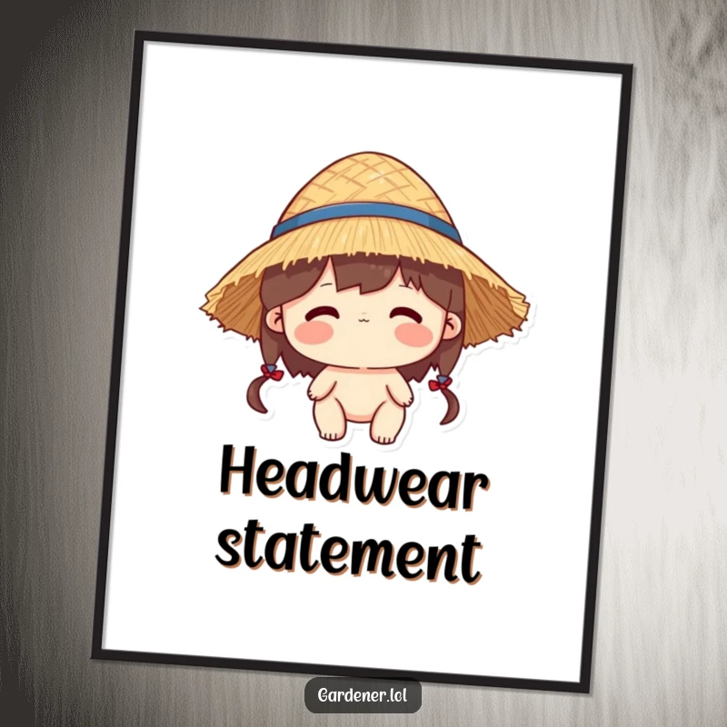 Funny poster of a character wearing a straw hat that is slightly too big, great for decor.
