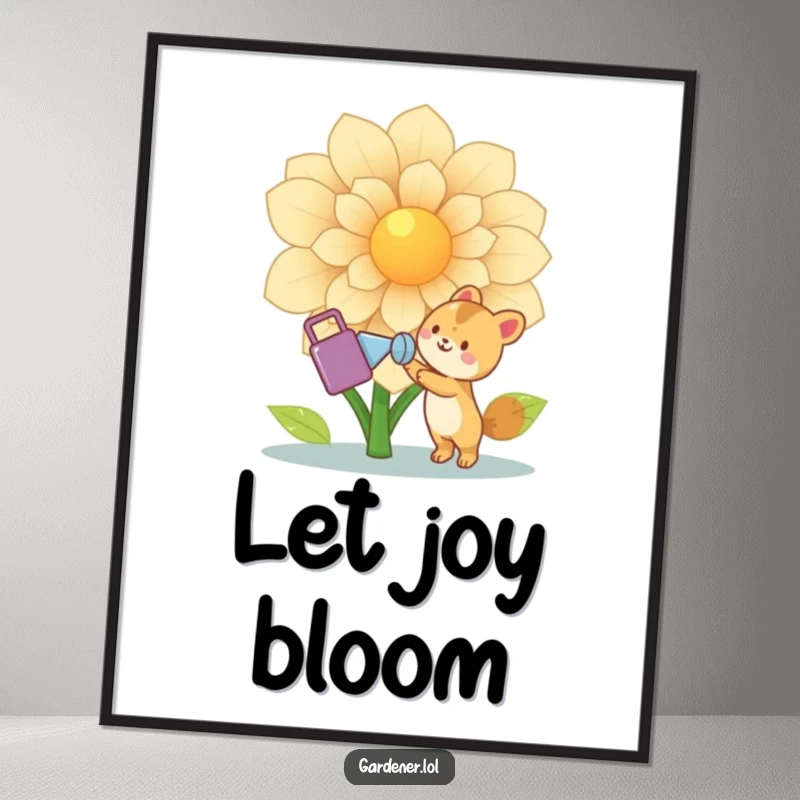 Funny Animal Gardener Poster: Cute joyful animal character happily watering a giant flower with a watering can, radiating warmth and natural beauty.