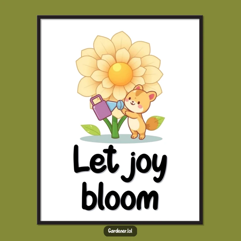 Funny Animal Gardener Poster: Joyful Character Watering Flower Art, Whimsical Nature Gift Print