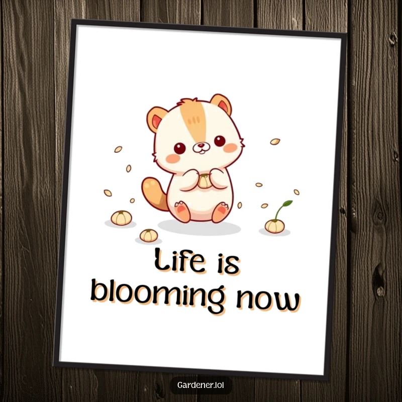 Funny Poster: Cute animal character playfully interacting with a cascade of floating seeds, capturing a moment of pure delight.