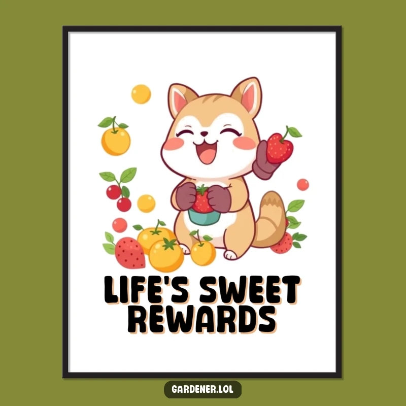 Funny Joyful Animal Catching Fruit Poster, Whimsical Harvest Wall Art