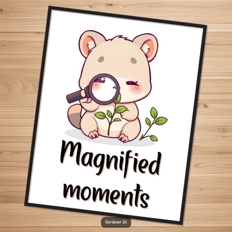 Funny poster art of a cute animal character using a magnifying glass to inspect a plant, creating a whimsical and humorous wall decoration.