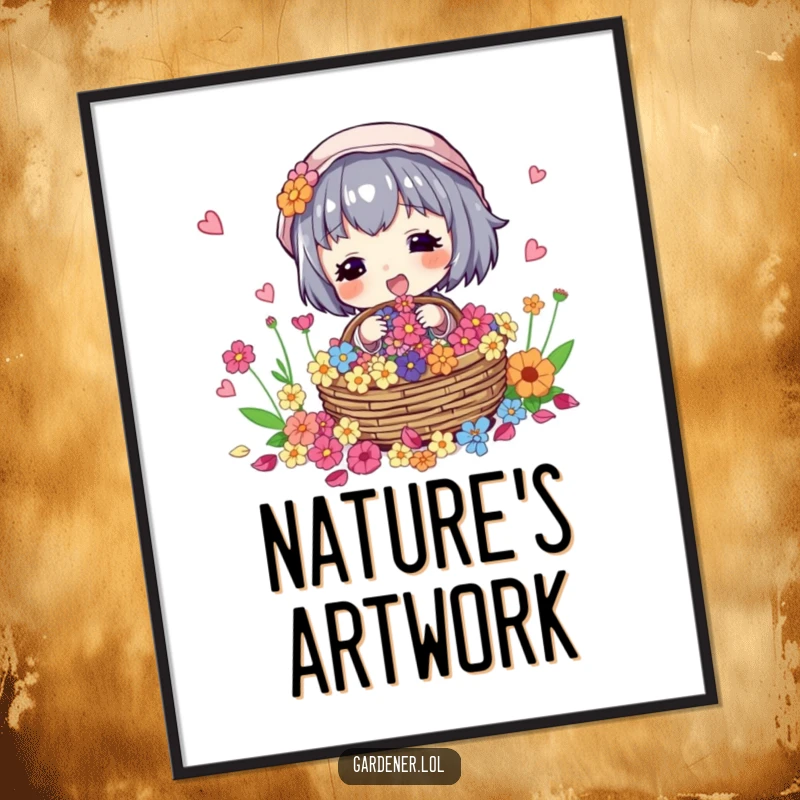 Funny poster of a character excitedly collecting colorful flower petals in a basket, great for decor.