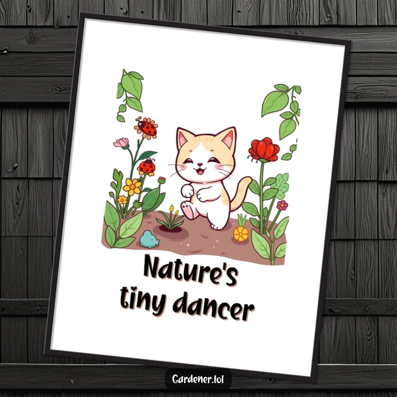 Funny Kawaii cat gardener poster art, showing a playful chase of a ladybug among plants, adding whimsical charm to any wall.