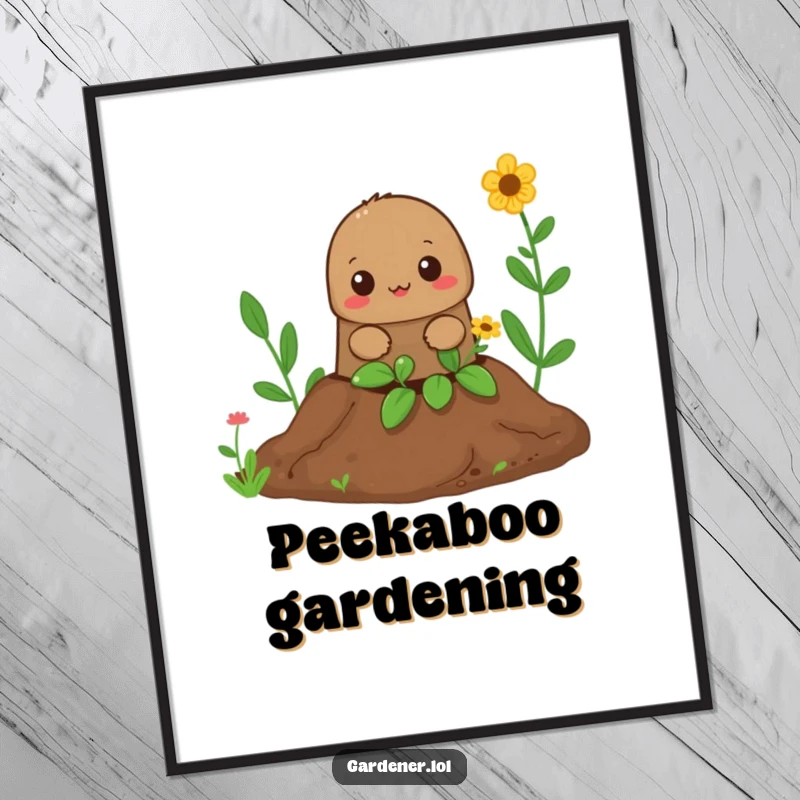 Funny Mole Gardener Poster: A curious mole emerges from a freshly dug hole, creating a charming and humorous garden scene.