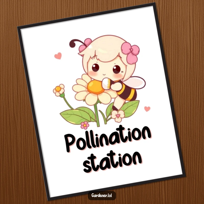 Funny poster art of a character playfully pollinating a flower with a fluffy brush, capturing delicate natural beauty.