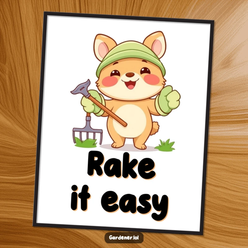 Funny Poster: A smiling animal character wears large gardening gloves and holds a rake, embodying outdoor joy and readiness.
