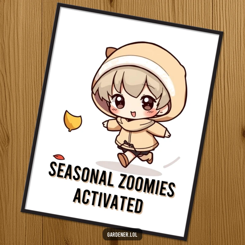 Funny Poster: A character with a determined expression playfully chases a single falling autumn leaf, celebrating seasonal fun.