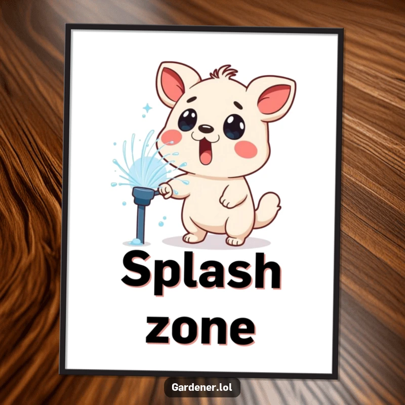 Funny poster print of a surprised animal character playfully sprayed by a lawn sprinkler, capturing a wet and whimsical moment.