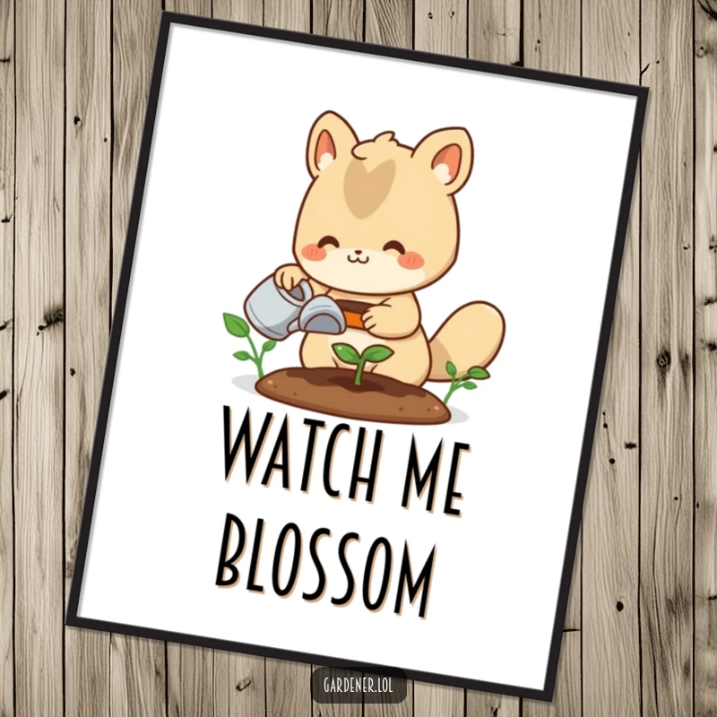 Funny poster: A cute animal gardener with a happy face waters a small sprout, representing nurturing and the start of new life.