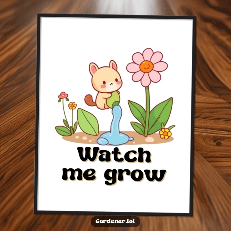 Funny poster of a small animal character joyfully watering a comically large flower, bringing cheerful botanical humor to any room.