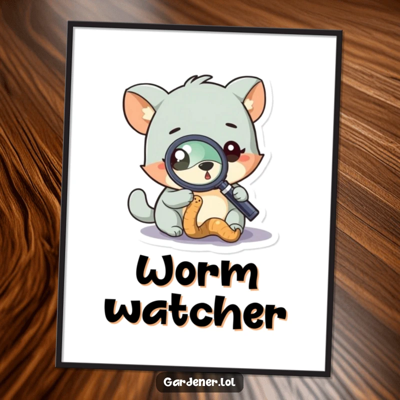 Funny poster depicting a curious animal character using a magnifying glass to study a worm, adding a quirky educational touch.