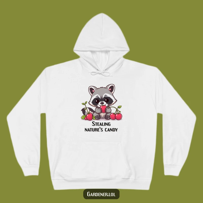 Cozy Funny Kawaii Raccoon Gardener Hoodie, Mischievous Berry Bandit Apparel, Gift Idea