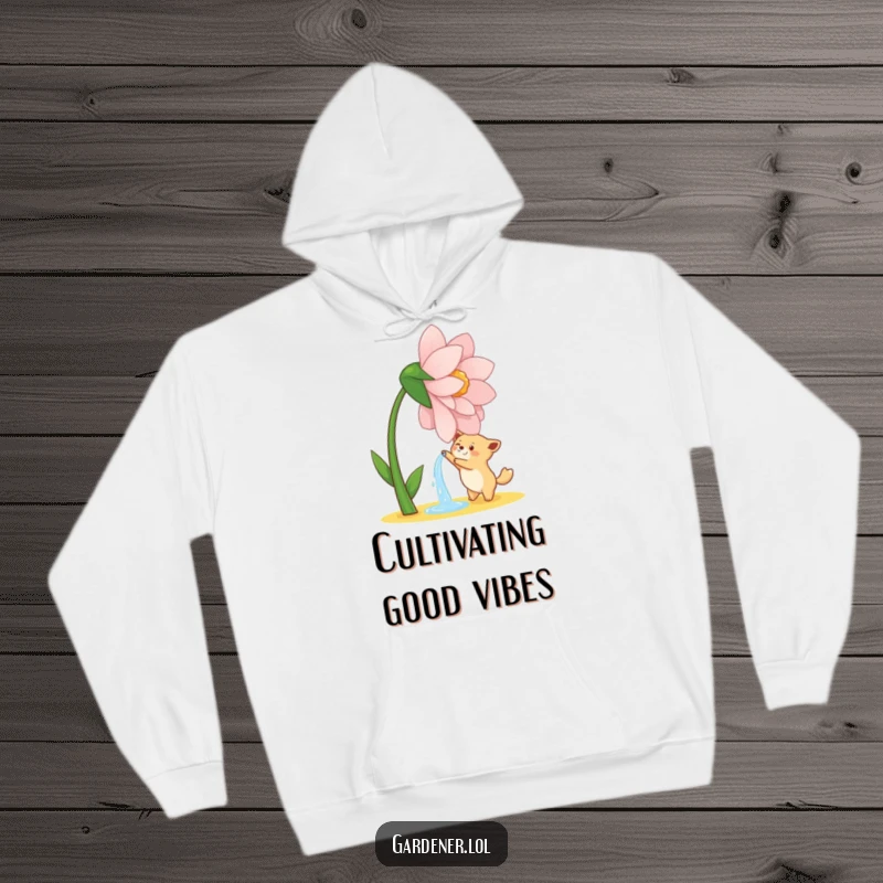Funny hoodie featuring a cute animal character joyfully watering a giant, dancing flower, perfect for cozy garden enthusiasts.
