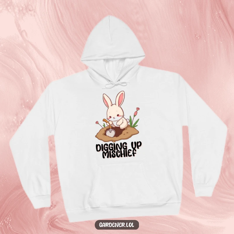 Funny hoodie featuring a playful rabbit digging a hole with a tiny shovel, offering cozy humor and industrious charm.