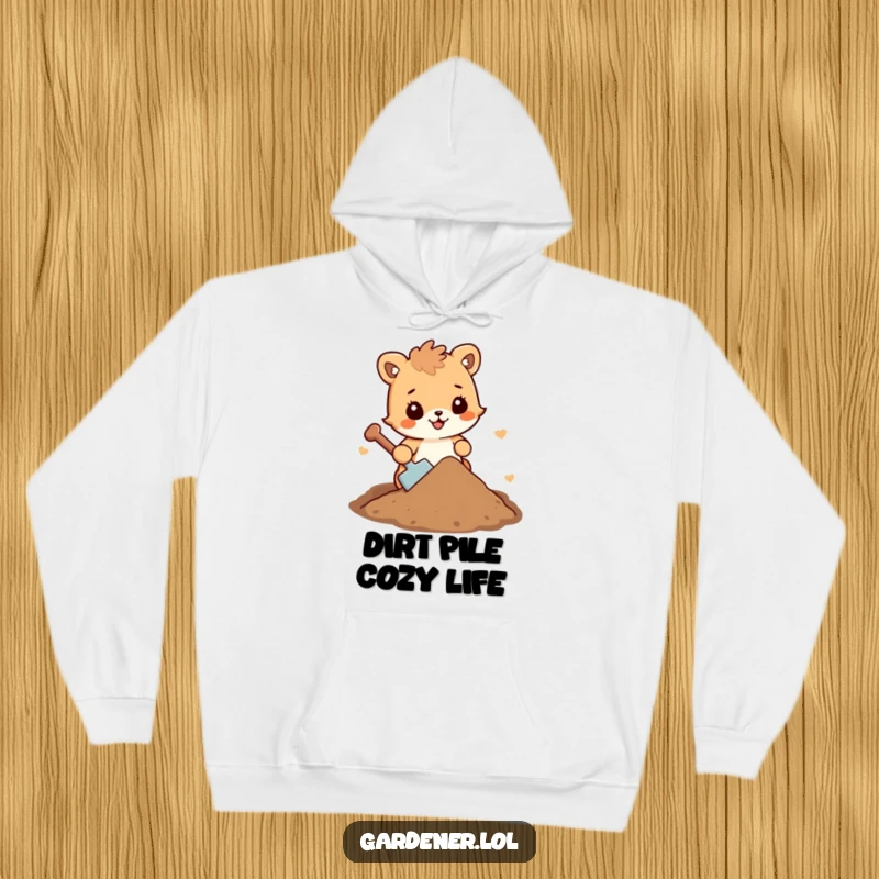 Funny animal character hoodie shoveling cheerful dirt, ideal for cozy, humorous, and thoughtful gifting.
