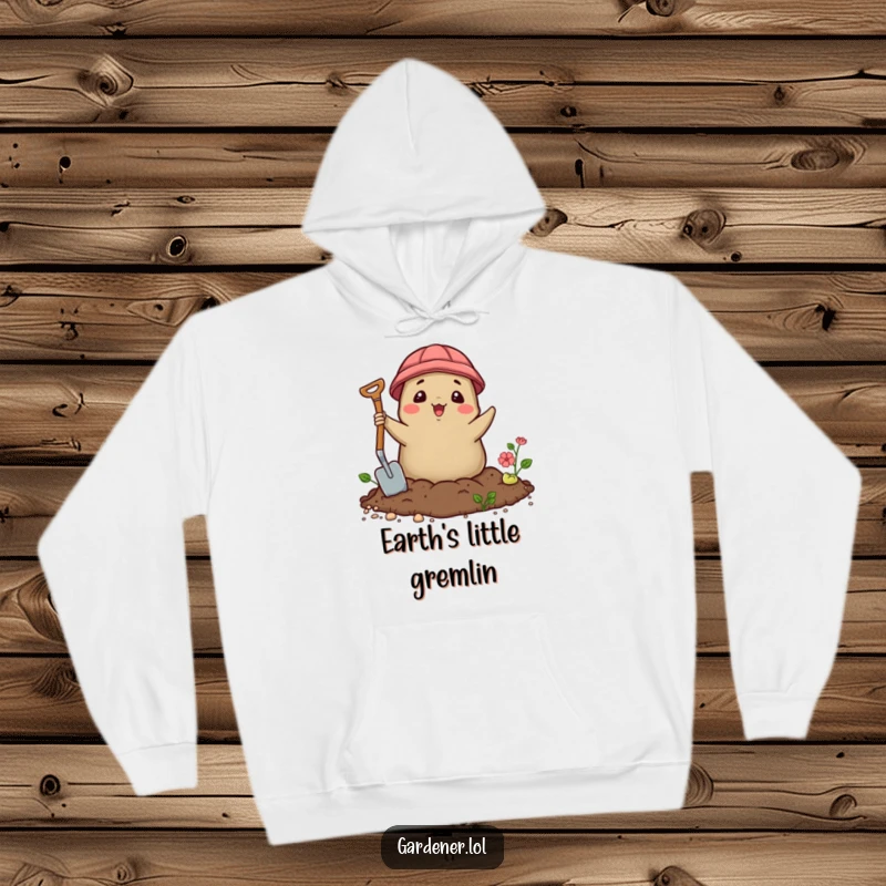 Funny Kawaii mole gardener hoodie depicting a delighted character popping out of the soil with a trowel, cozy apparel.