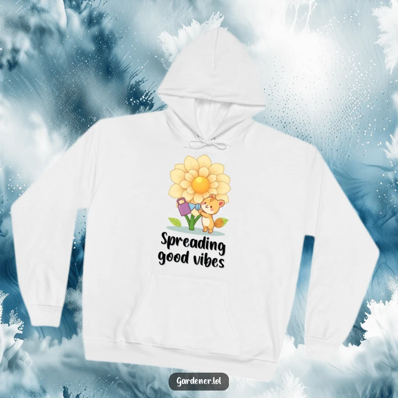 Funny Animal Gardener Hoodie: Joyful cute animal character happily waters a giant flower with a watering can, comfortable and whimsical, a warm funny gift.