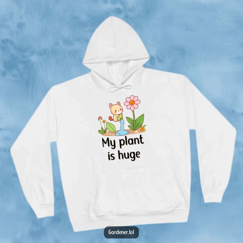 Funny hoodie featuring a small animal character joyfully watering a comically large flower, offering cozy comfort and blooming cheer.