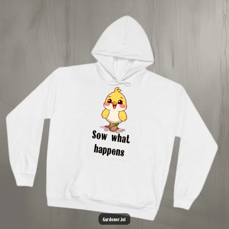 Funny bird planter hoodie with a delighted character planting a seed with its beak, ideal for cozy, hopeful wear.