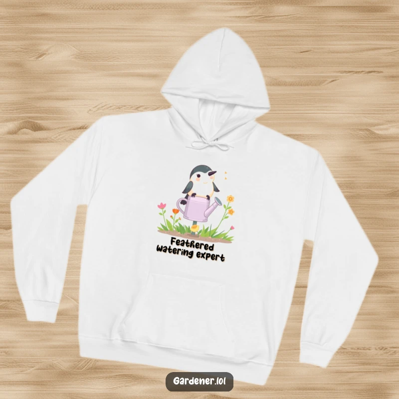 Funny Chickadee Gardener Hoodie: A cheerful chickadee chirps on a watering can, bringing a touch of garden joy and warmth.