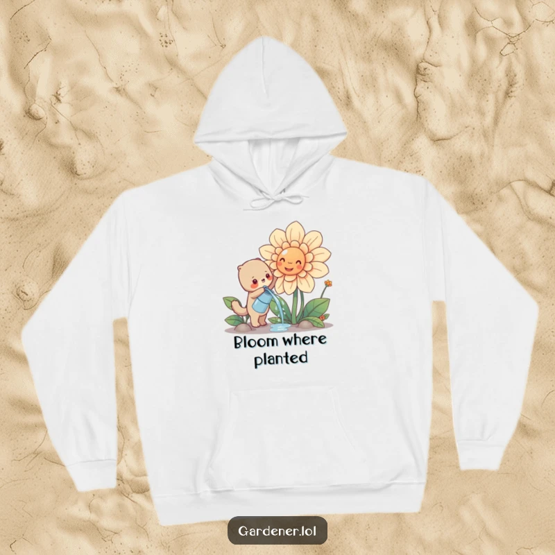 Funny cute animal enthusiastically watering a giant smiling flower, cozy gardening hoodie, whimsical nature-themed apparel.