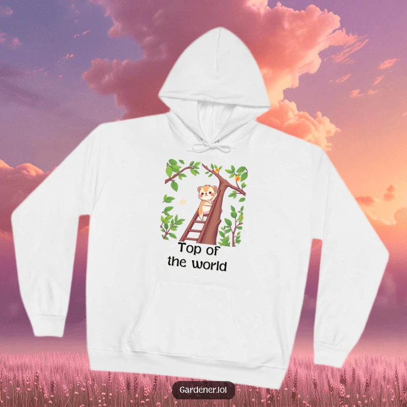 Funny determined animal climbing a ladder to reach high branches, cozy motivational hoodie, adventurous spirit apparel.